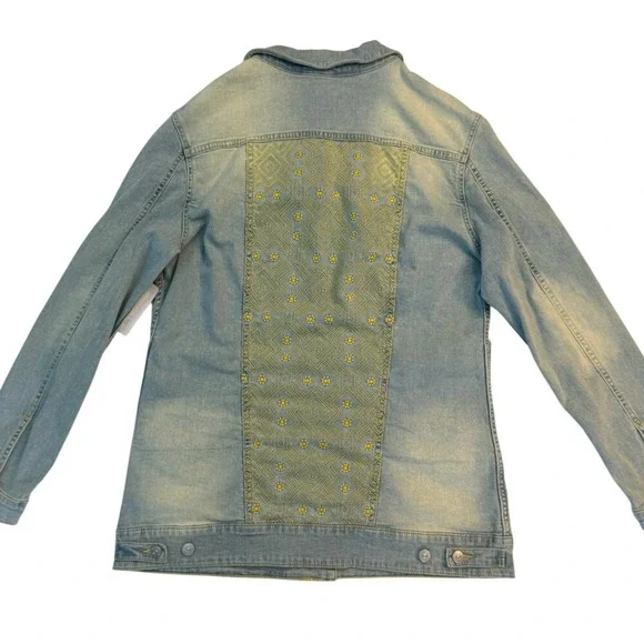 LuLaRoe Jaxon Denim Jacket‎ XL Light Wash Yellow Embroidered Boho Trucker Jean - Picture 2 of 13